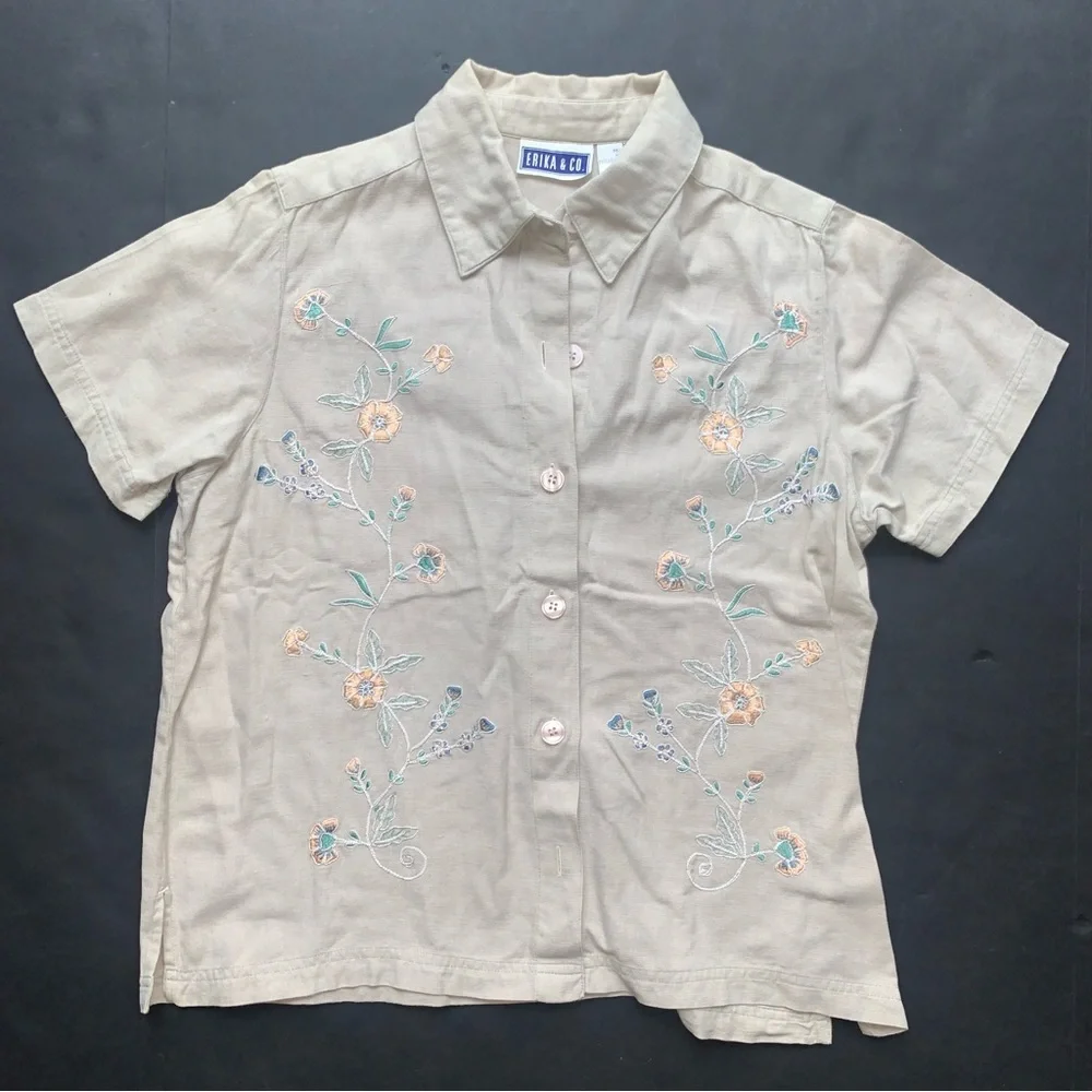Vintage Beige Embroidered Button-Up Blouse